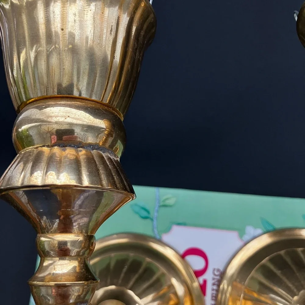 Vintage Brass Wall Sconces Pair Fluted Spindle Candle Holders Made in India 10