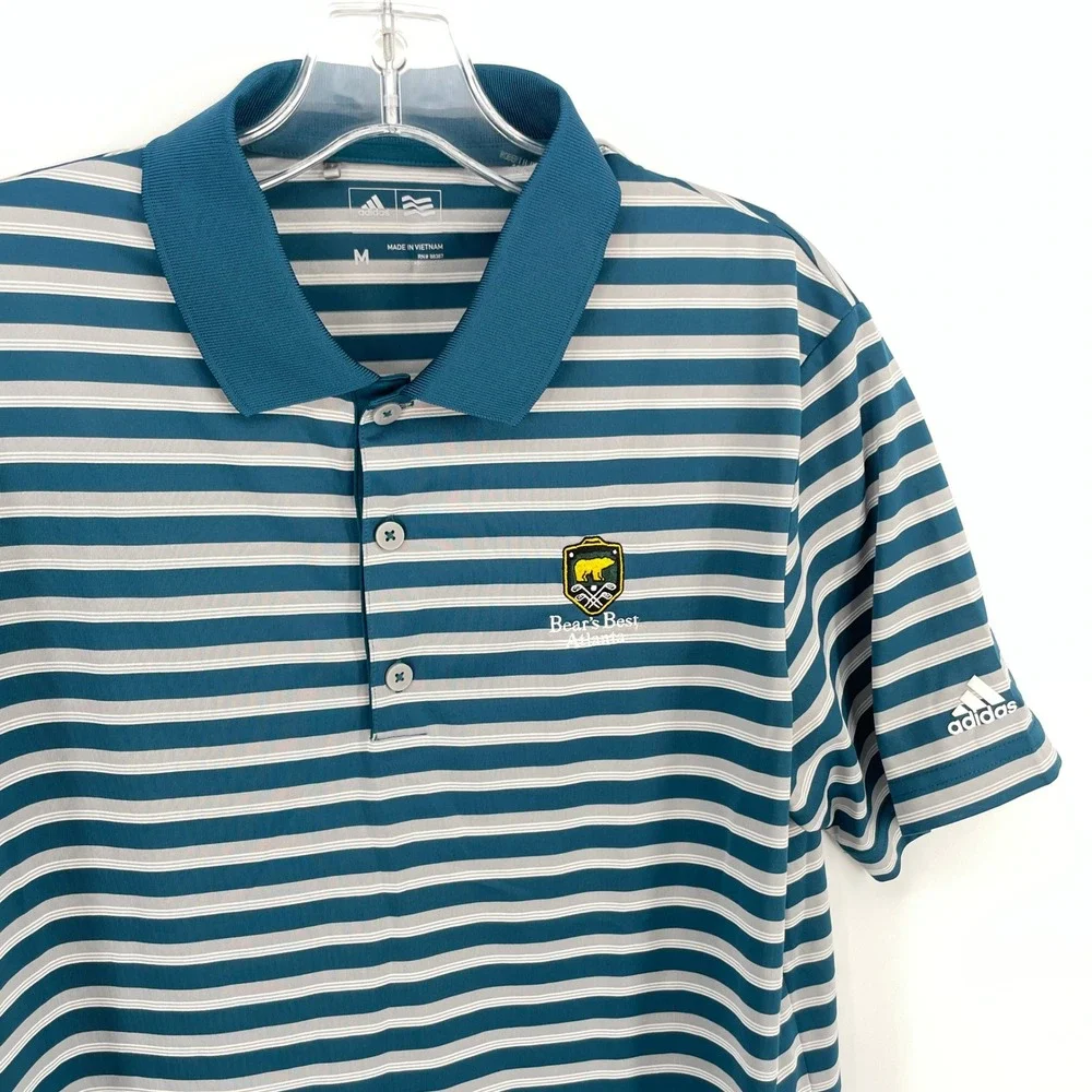 Adidas Golf Polo Shirt Mens Medium Bear's Best Atlanta Blue Striped‎ Athletic