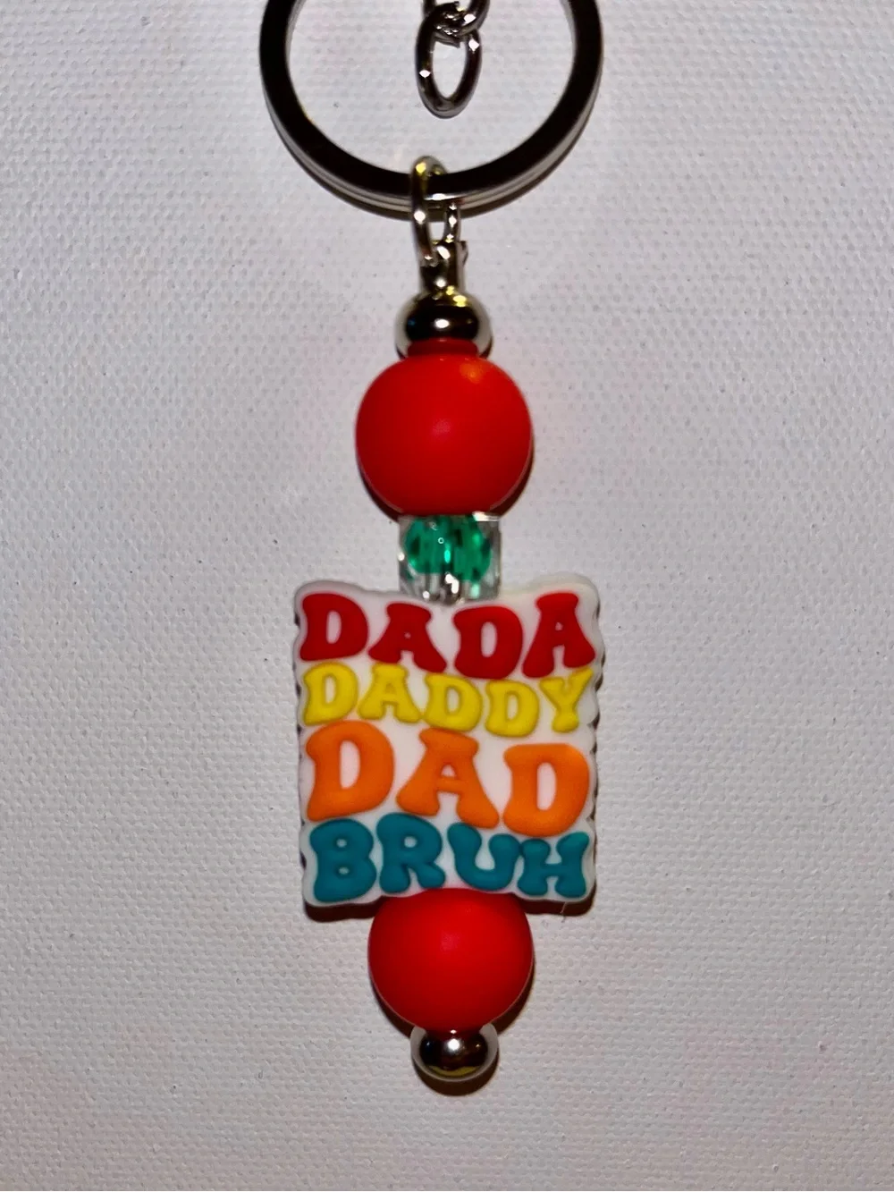 Multicolor 'DADA DADDY DAD BRUH' Beaded w/Green Faceted Beaded Keychain