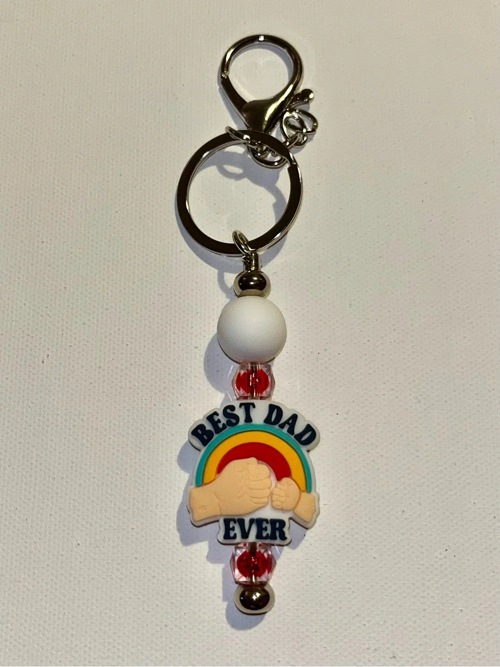 ‘Best Dad Ever’ Fist Pump Keychain w/Multicolor Accent White & Faceted Red Beads