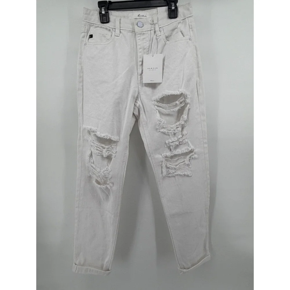 KanCan White Distressed Mom Jeans High Rise Tapered Leg Size‎ 1/24 NWT