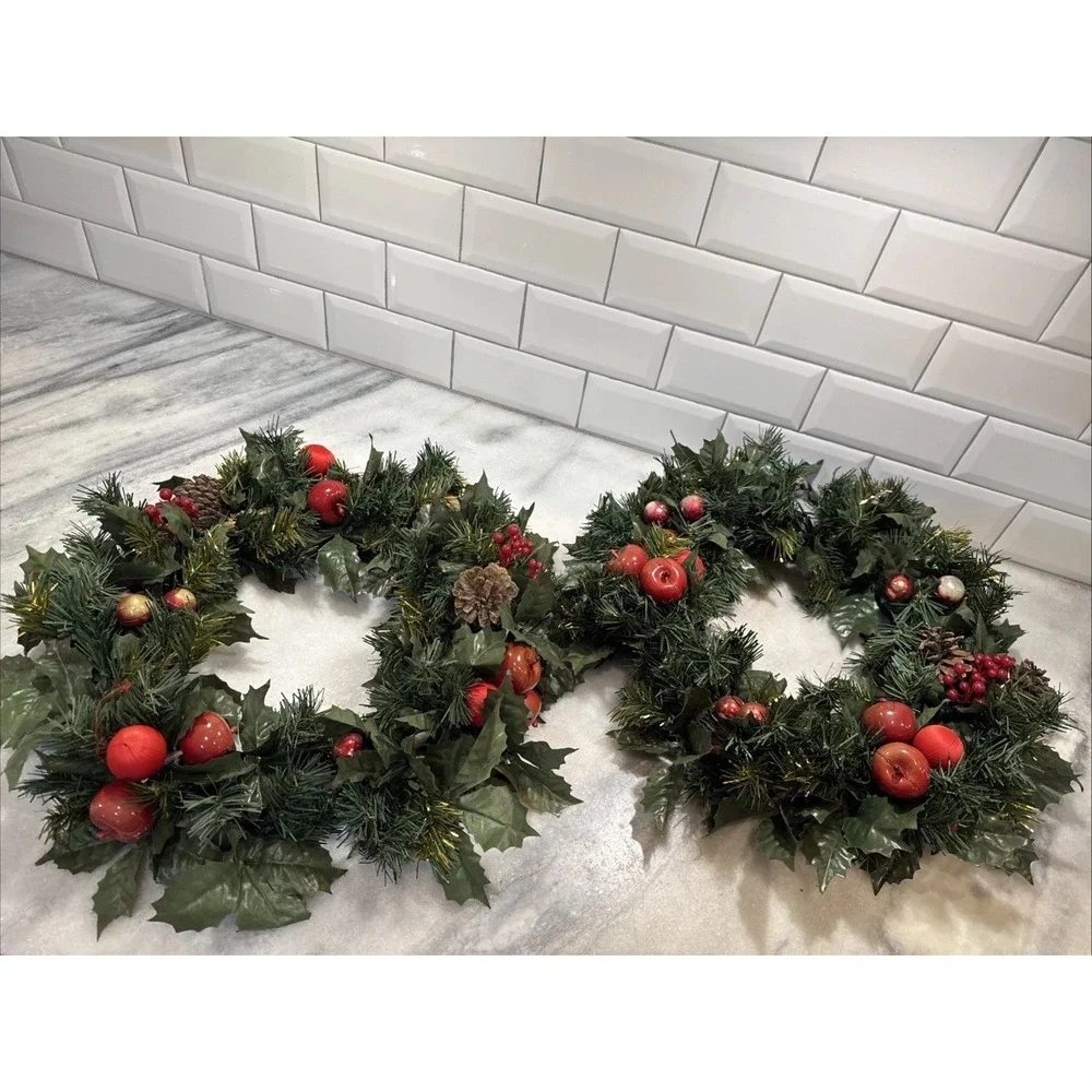 Pair Of Vintage Holiday Wreaths/candle Rings With Apples/berries/pine‎ Cones