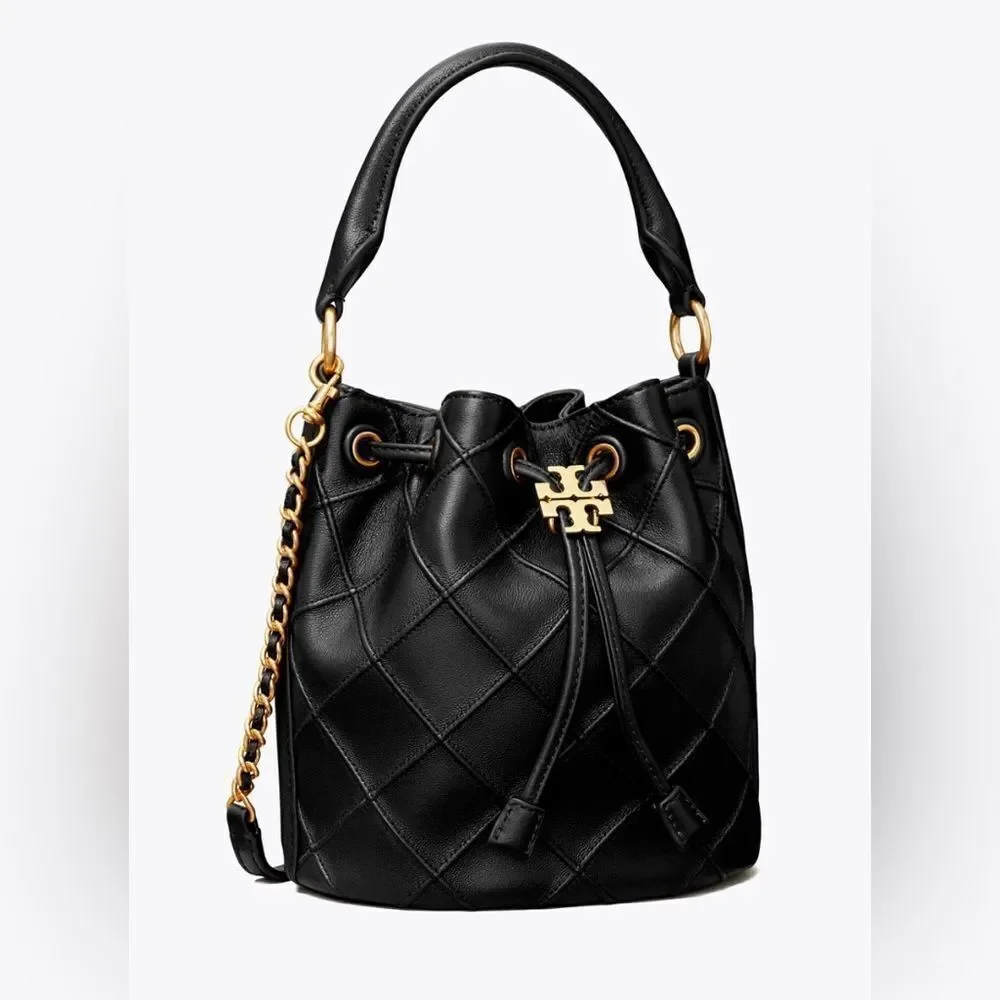 Tory Burch Small Fleming Soft Bucket Bag, Black, NWT