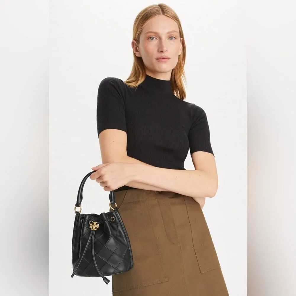 Tory Burch Small Fleming Soft Bucket Bag, Black, NWT