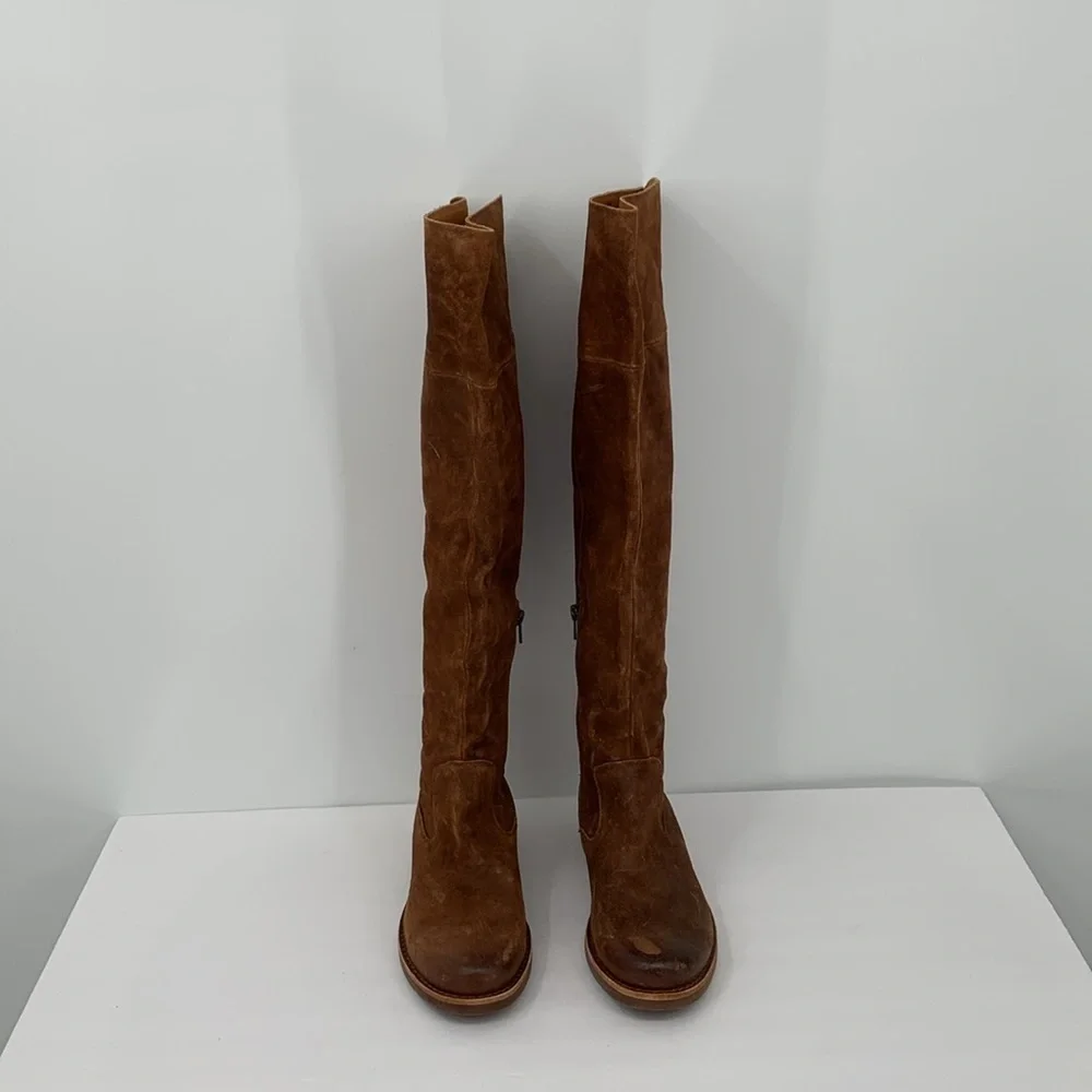 Kork-Ease Addison OTK tall boots rust distressed suede flat pull-on buckle 7.5