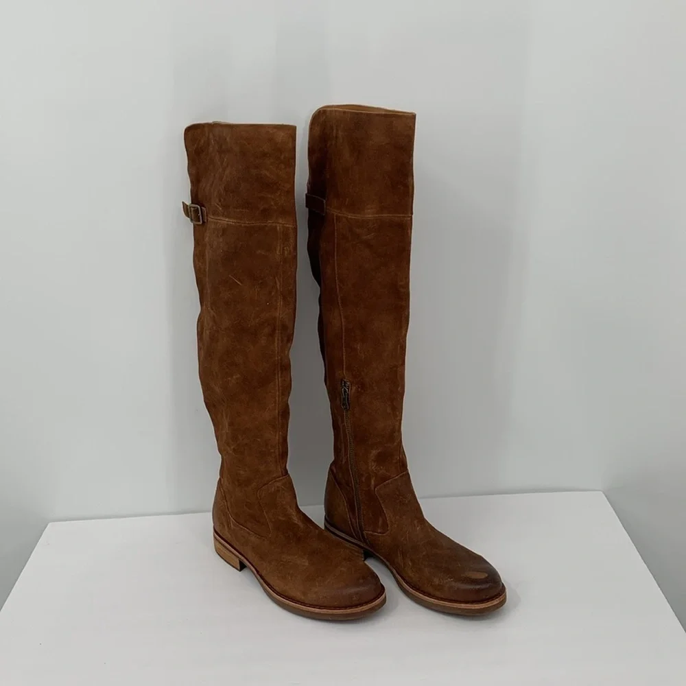 Kork-Ease Addison OTK tall boots rust distressed suede flat pull-on buckle 7.5