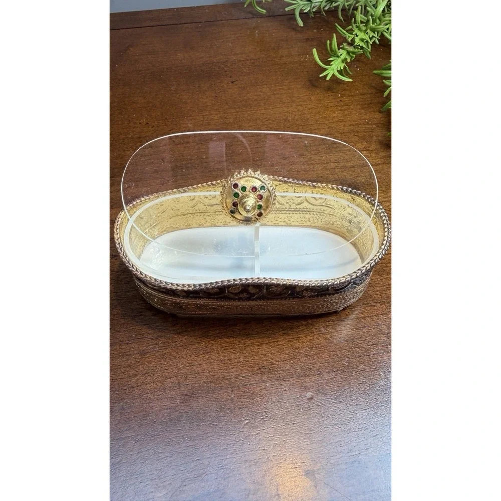VTG Jewelry Casket Hollywood Regency Ormolu Oval Matson Brass Tooth Fairy Trinke