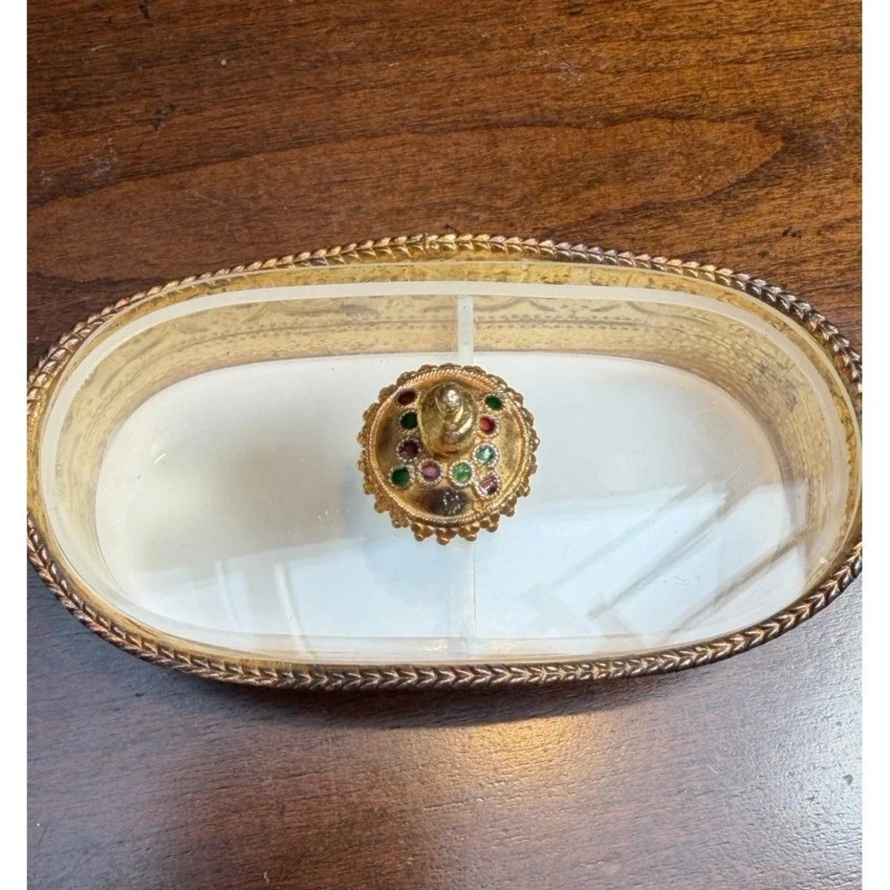 VTG Jewelry Casket Hollywood Regency Ormolu Oval Matson Brass Tooth Fairy Trinke