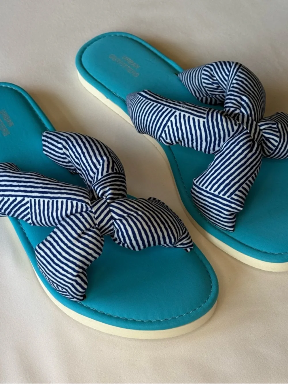 Urban Outfitters Turquoise Slide Sandals with Navy Striped Bow‎
