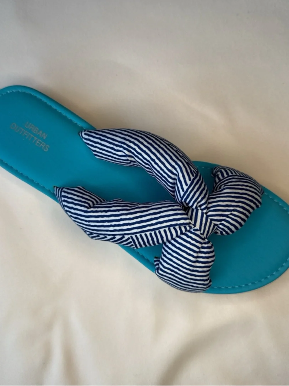 Urban Outfitters Turquoise Slide Sandals with Navy Striped Bow‎