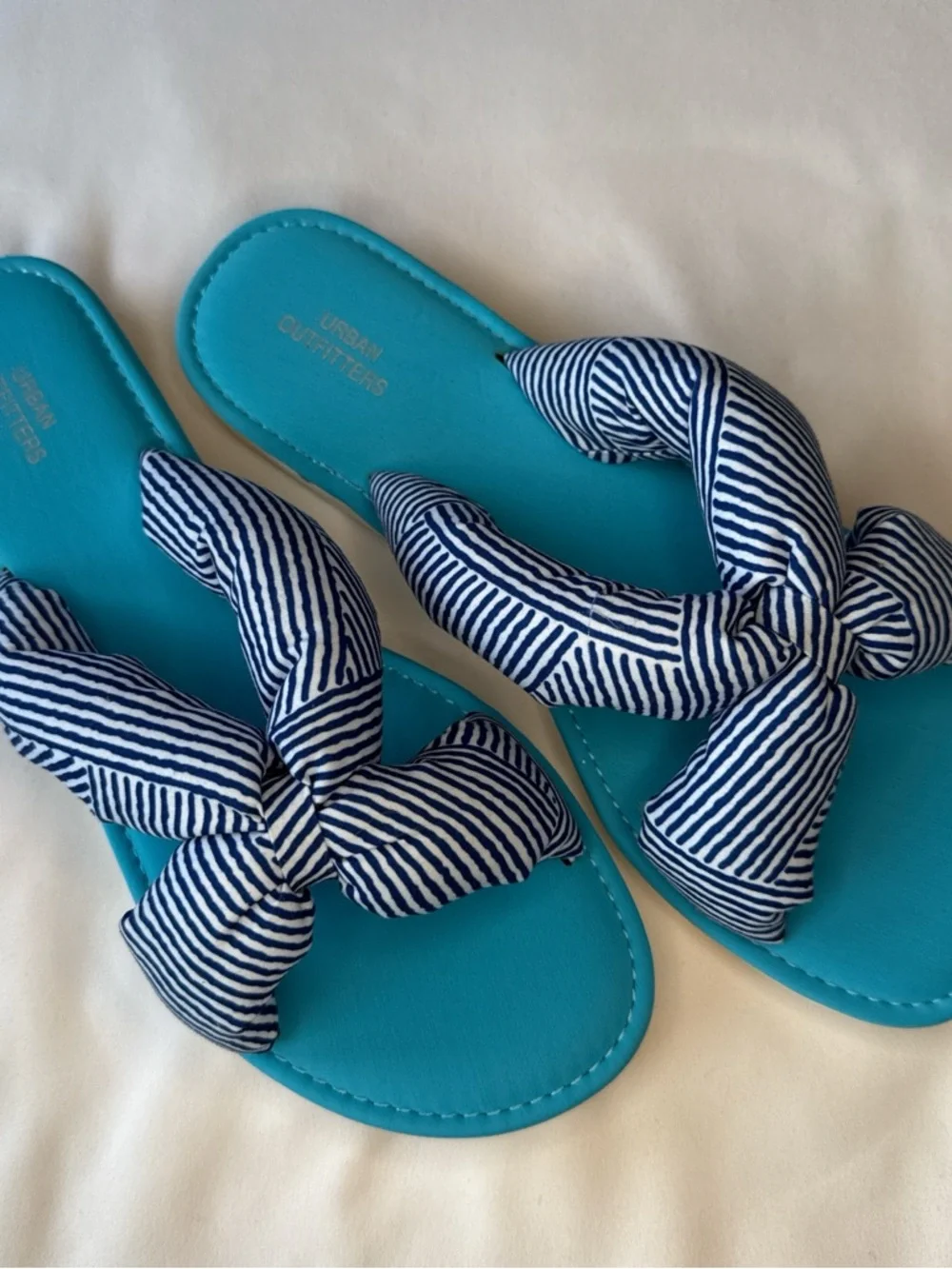 Urban Outfitters Turquoise Slide Sandals with Navy Striped Bow‎