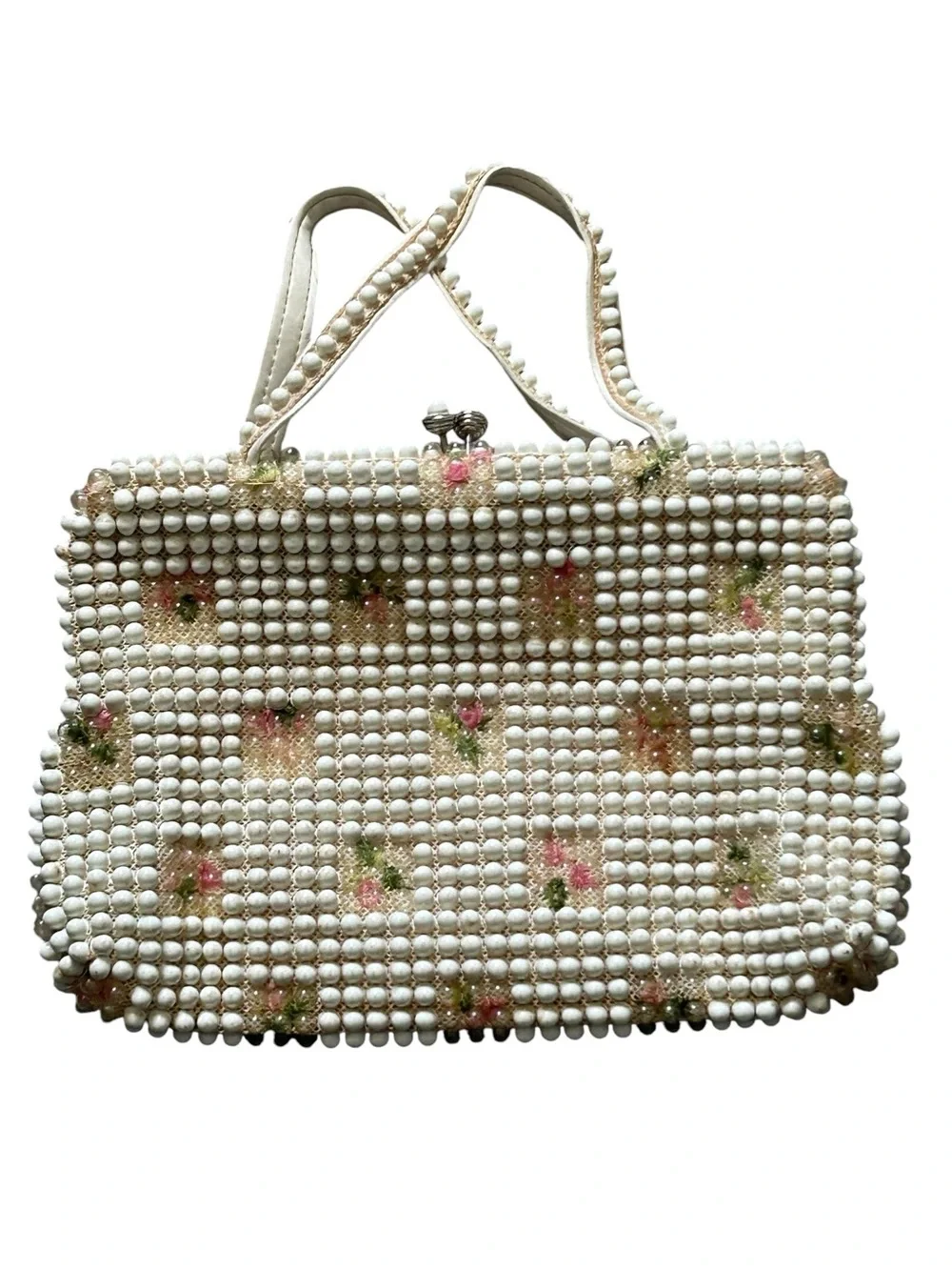 1940s 50s VTG Grandee Bead Bead Purse Pink Flowers Kiss Clasp