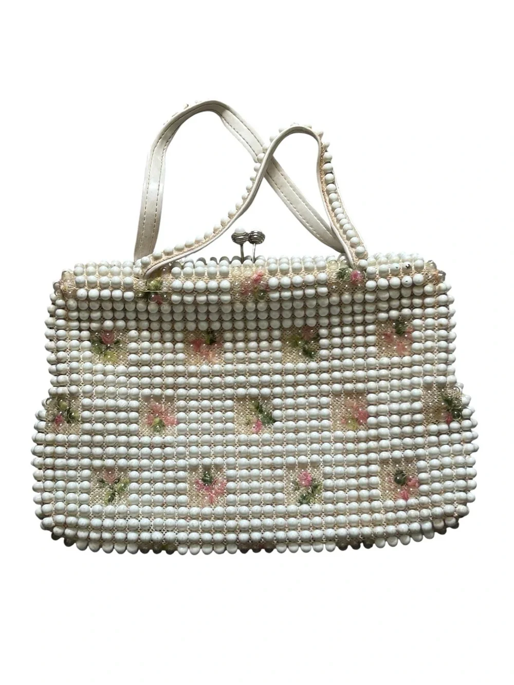 1940s 50s VTG Grandee Bead Bead Purse Pink Flowers Kiss Clasp
