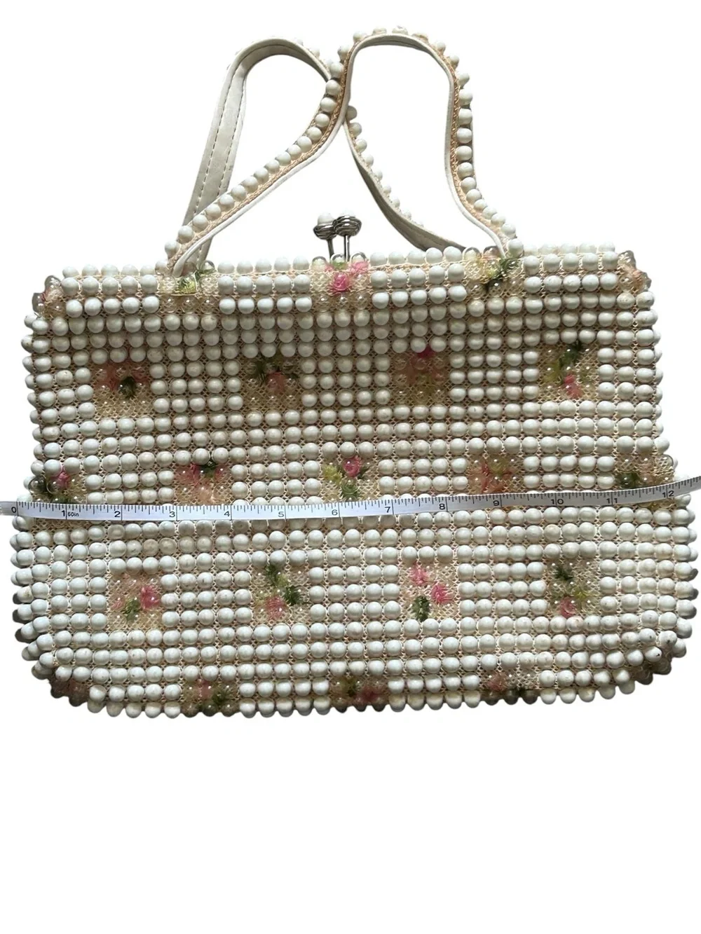 1940s 50s VTG Grandee Bead Bead Purse Pink Flowers Kiss Clasp