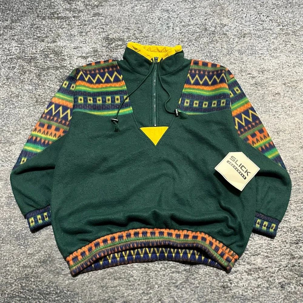 Vintage Slick Jeanswear Fleece Jacket Mens XL Green‎ 1/4 Zip Aztec 80s 90s