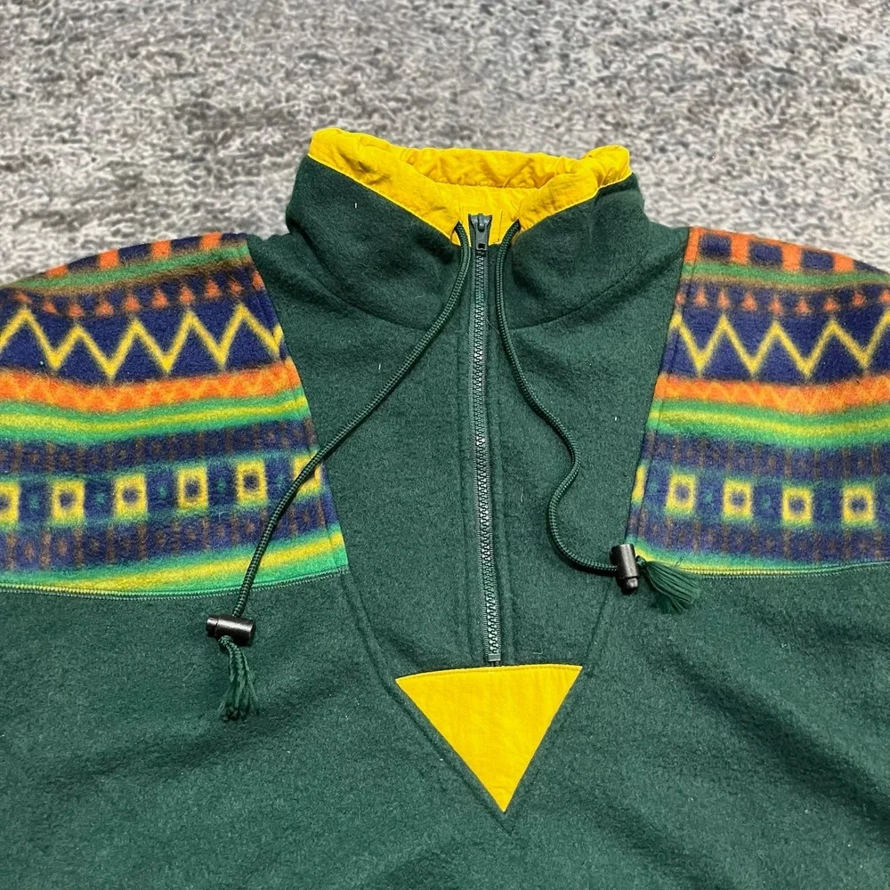 Vintage Slick Jeanswear Fleece Jacket Mens XL Green‎ 1/4 Zip Aztec 80s 90s