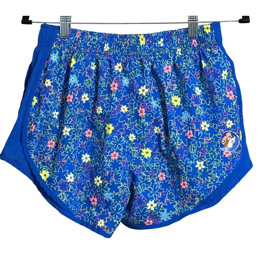 Bucky's Floral Running Shorts Blue Neon Flower Print Women's Athletic Shorts