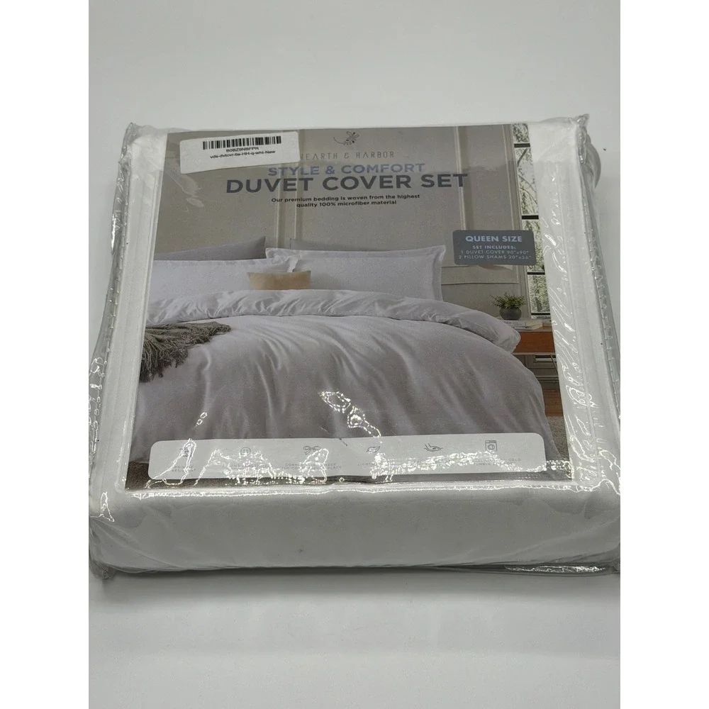 NWT Hearth & Harbor Style Comfort‎ Queen Duvet Cover Set White Microfiber