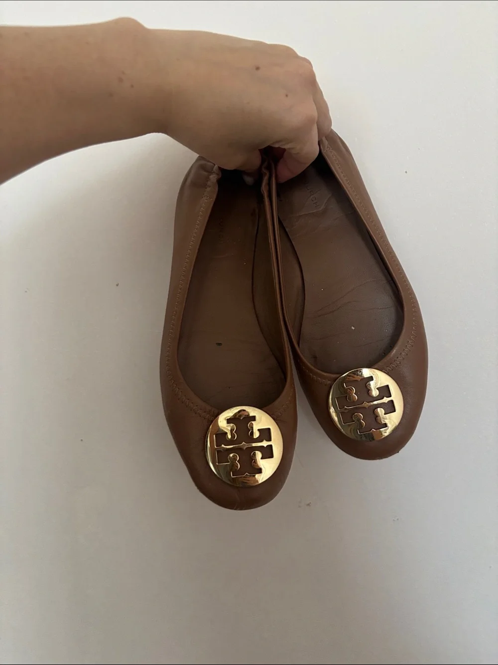 Tory Burch Tan Leather Ballet Flats with Gold Logo Medallion