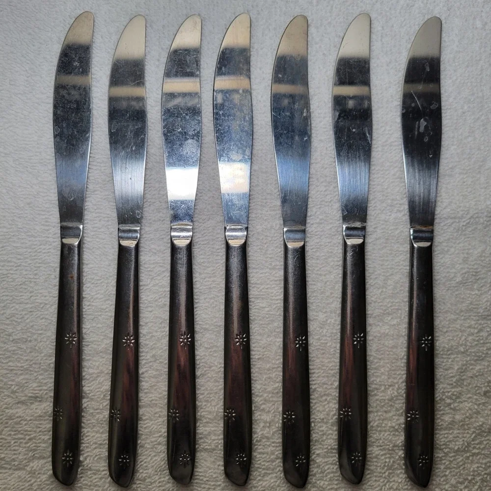 Vintage‎ Starburst Stainless Steel Dinner Knives Set of 7 MCM Atomic Style