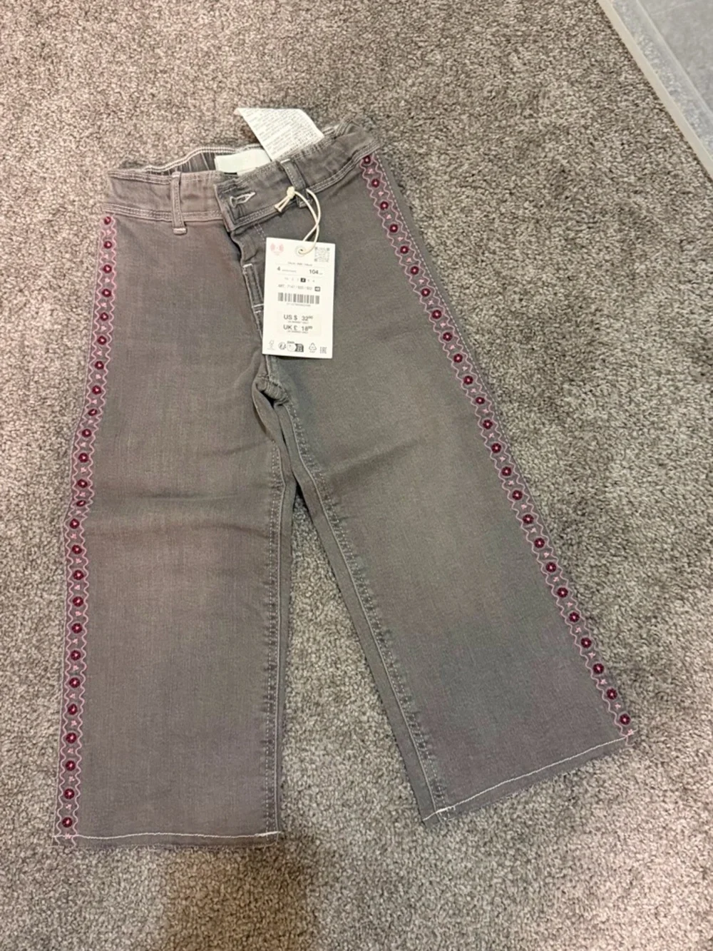 Zara Gray Jeans with Pink Embroidered Side Trim - Kids