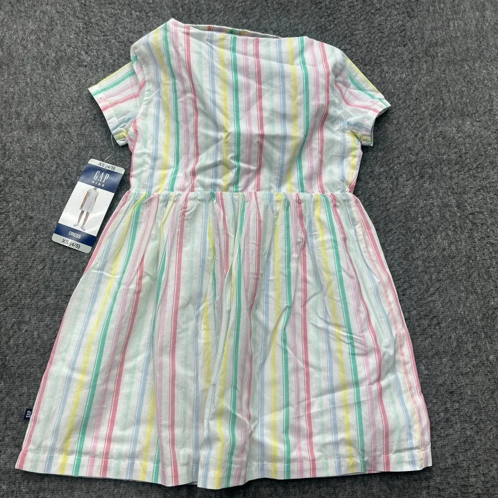 GAP‎ Kids Girls Dress XS 4/5 Cotton Short Sleeved Striped Button Pastel Easter