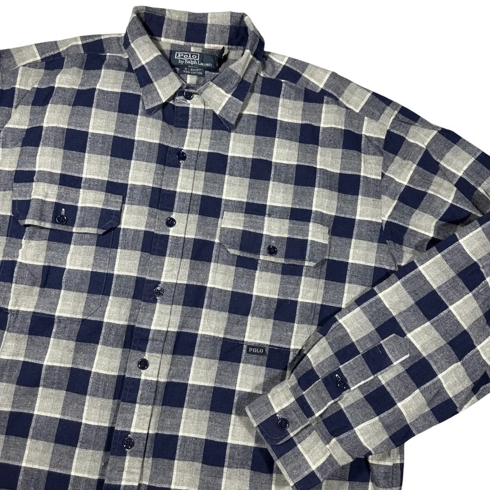 Polo Ralph Lauren G.I. Shirt Mens XL Navy Grey Buffalo Plaid Flannel Button Up