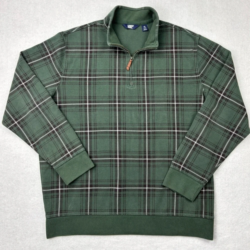 Lands End Quarter Zip Sweatshirt Mens XL Green Plaid Fleece Pullover Mock Neck