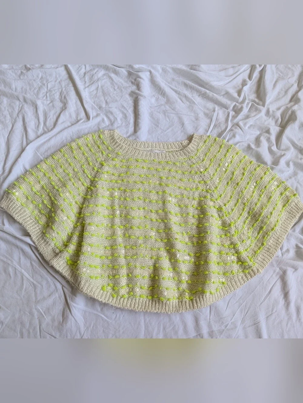 Justice Cream Knit Poncho with Neon Yellow Dots
