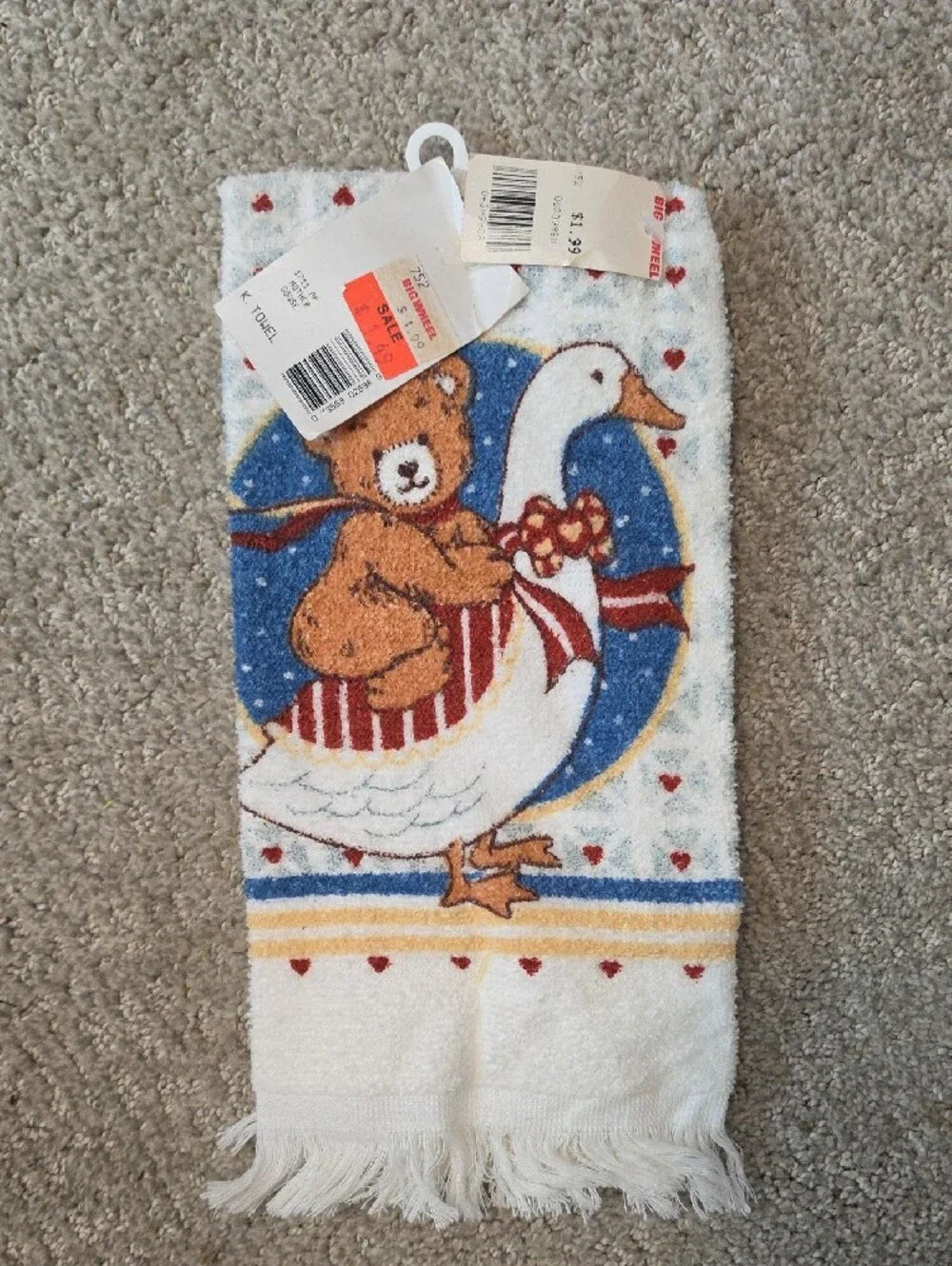 Vintage NWT Teddy Bear & Goose Decorative Kitchen Hand Towel - White, Blue, Red
