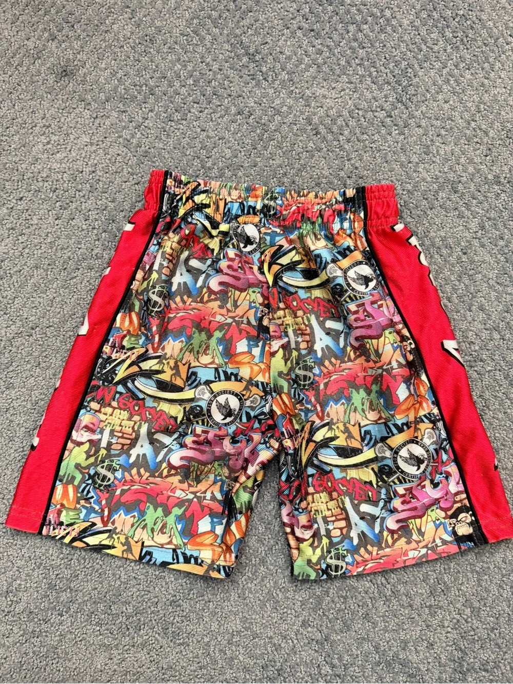 Flow Society Multicolor Graffiti-Print Kids Shorts with Red Side Panels