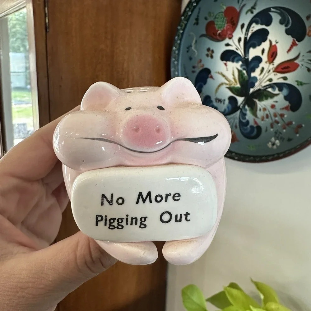 Pink White Ceramic Pig Figural Salt Shaker w/ Stopper 