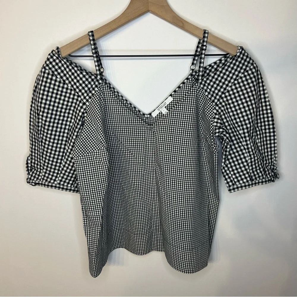 Derek Lam 10 Crosby Black and White Gingham Top, Size 8, Cold Shoulder, V Neck