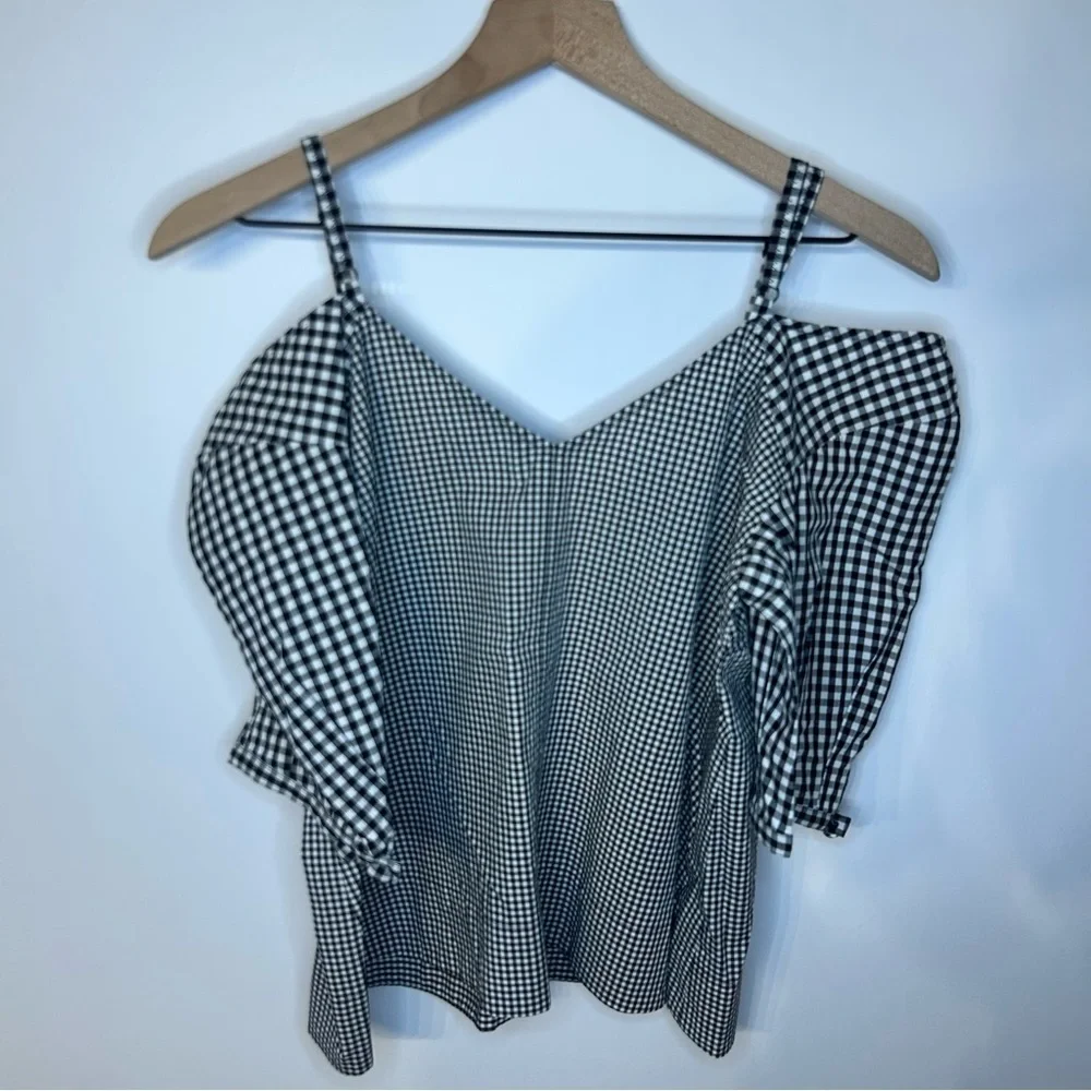 Derek Lam 10 Crosby Black and White Gingham Top, Size 8, Cold Shoulder, V Neck
