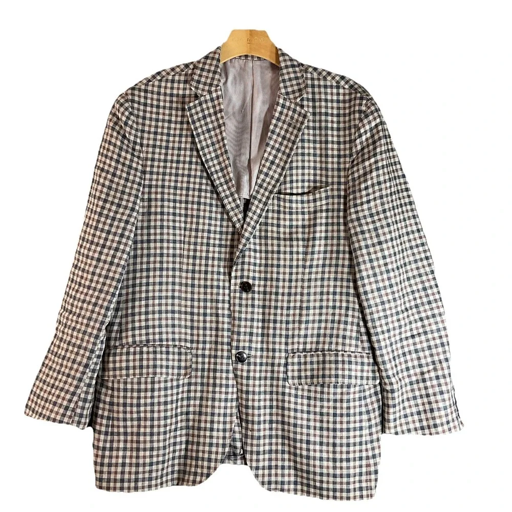 Avanti Uoma‎ Men's Linen Blazer Brown Cream Checked Size 40 S