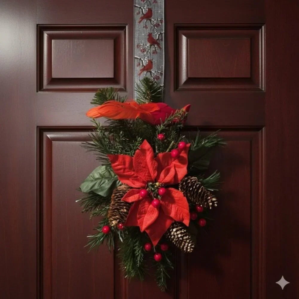 Christmas Poinsettia Door Swag Red Floral‎ Pine Cone Berry Wreath Accent