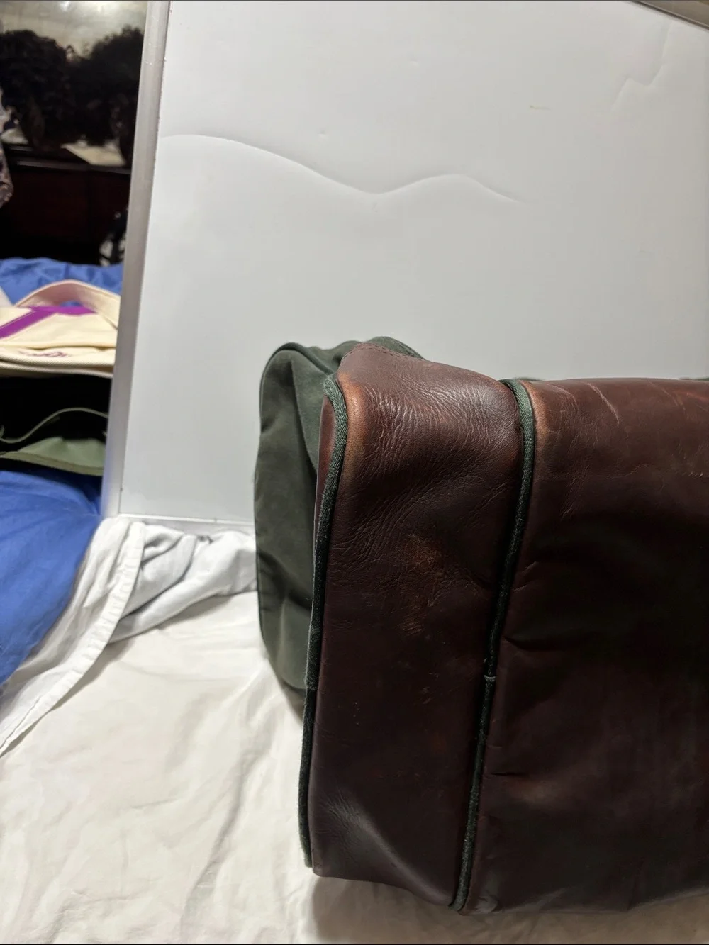 Orvis Dark Green Canvas Duffel with Brown Leather Trim. EUC