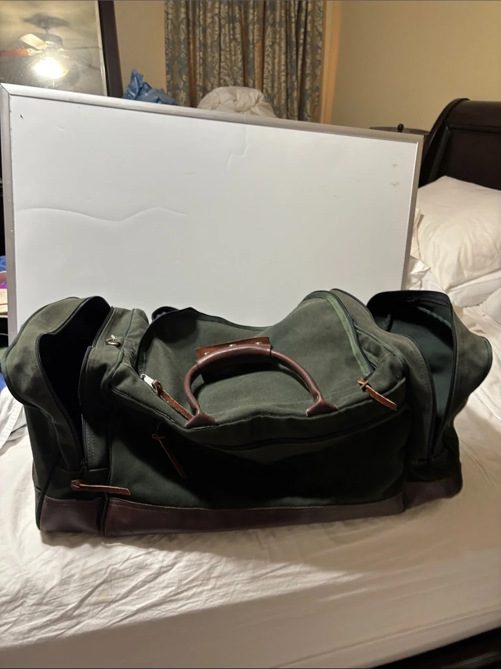 Orvis Dark Green Canvas Duffel with Brown Leather Trim. EUC