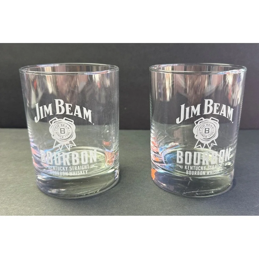 Set of 2 Vtg Jim Beam Bourbon Whiskey Logo Bar Glasses Tumblers Low Ball Rocks