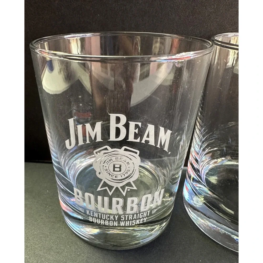 Set of 2 Vtg Jim Beam Bourbon Whiskey Logo Bar Glasses Tumblers Low Ball Rocks
