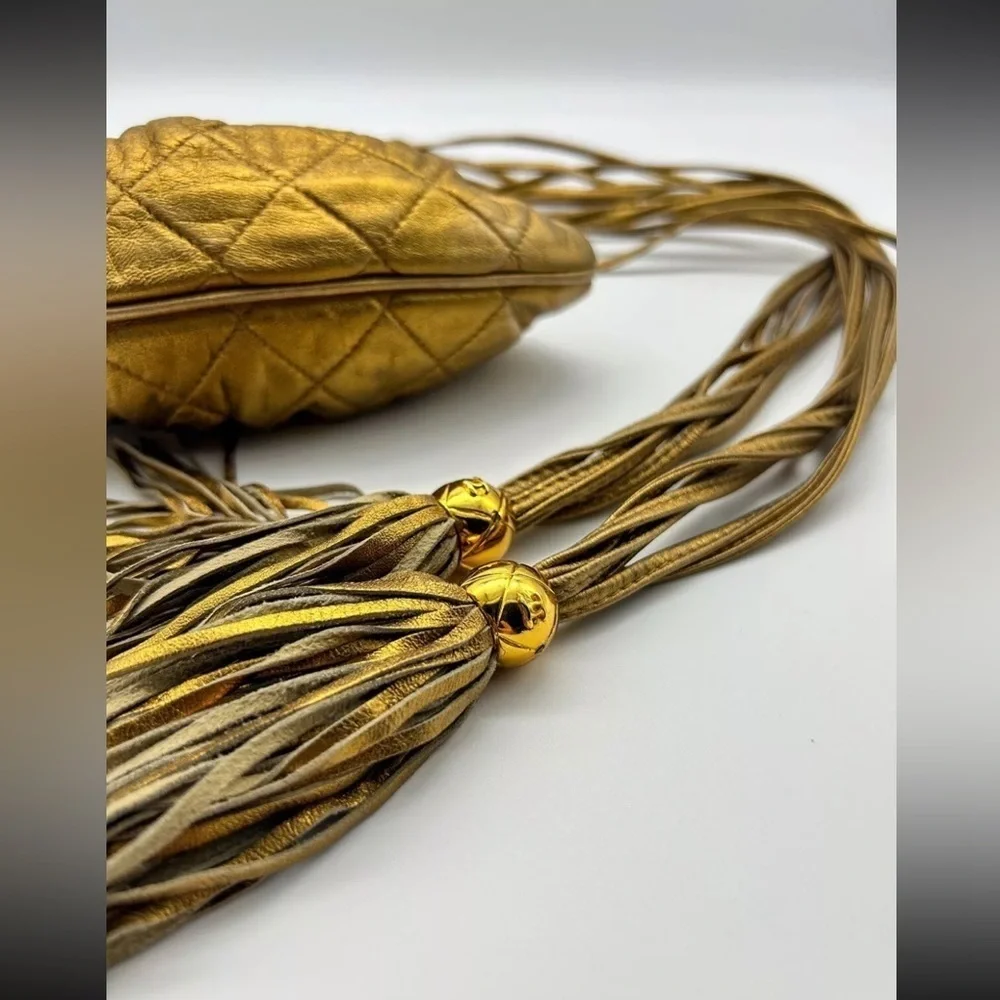 Chanel Quilted Vintage Rare Gold Bronze Waist Pouch bag Tie Fringe sling