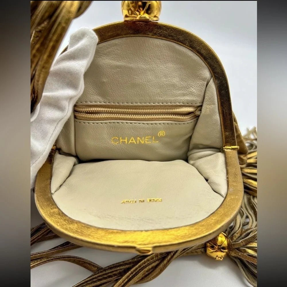 Chanel Quilted Vintage Rare Gold Bronze Waist Pouch bag Tie Fringe sling