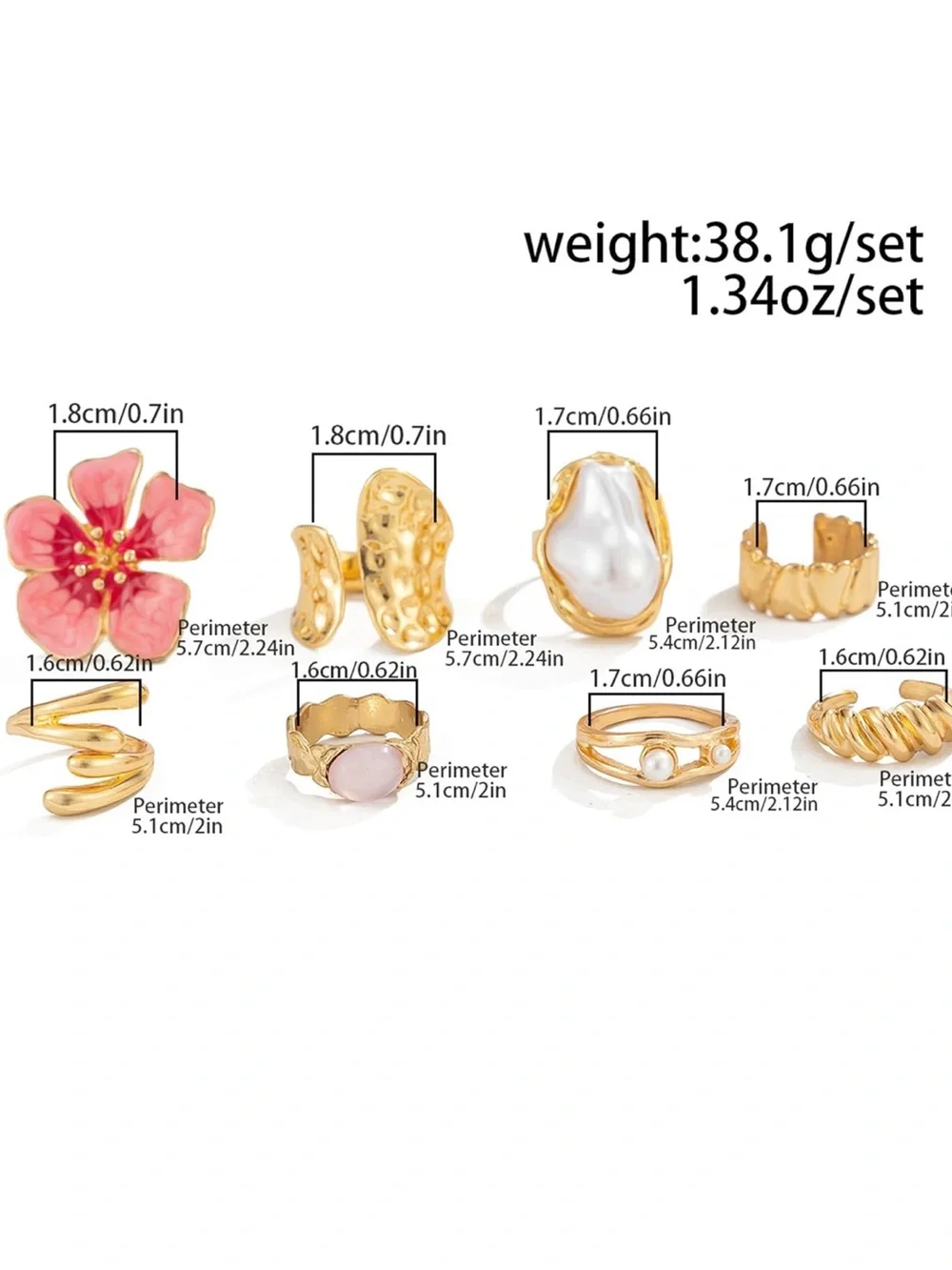 Bohemian Gold Tone Pink Flower & Pearl Trendy Statement Ring Set