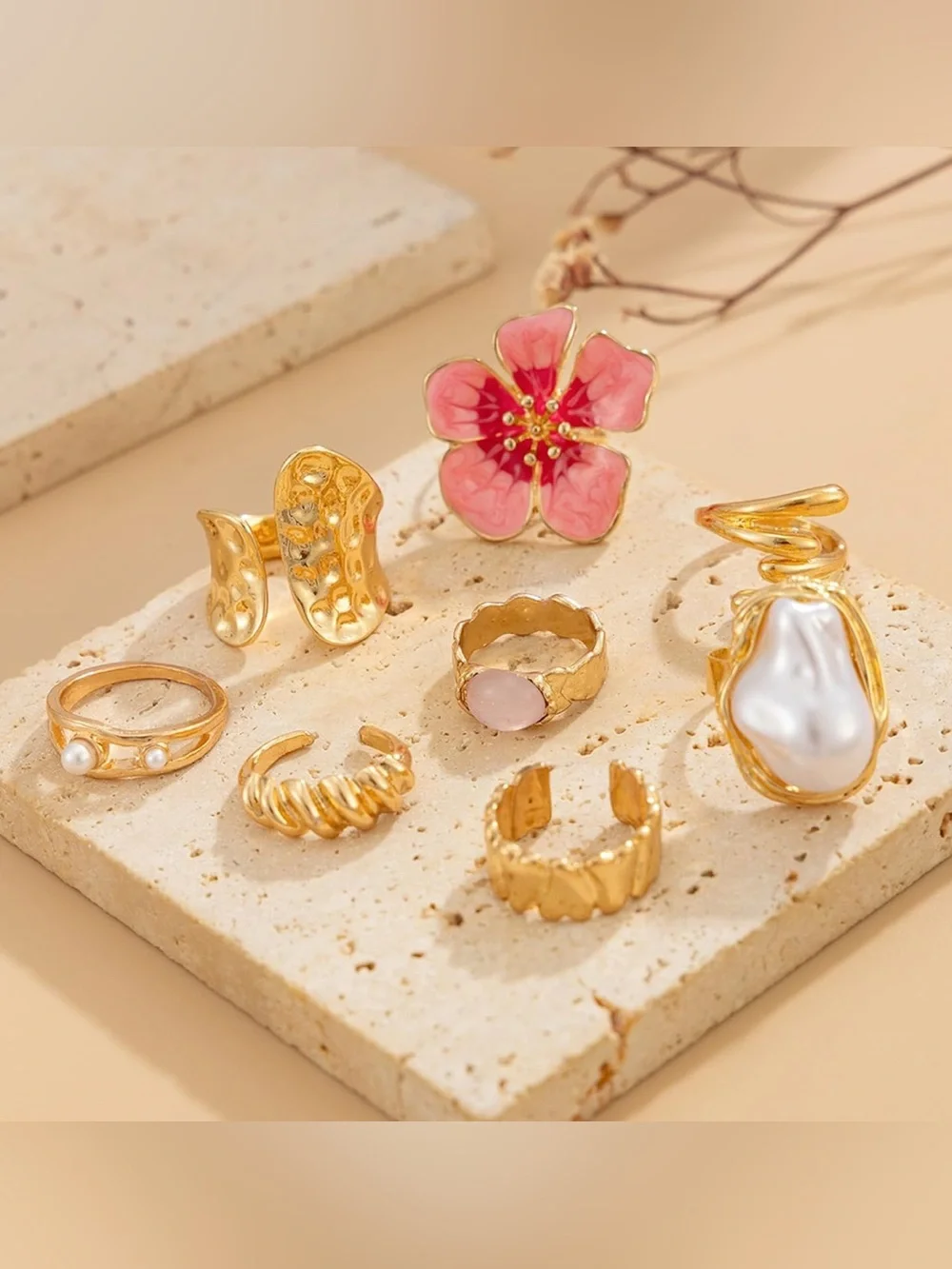Bohemian Gold Tone Pink Flower & Pearl Trendy Statement Ring Set