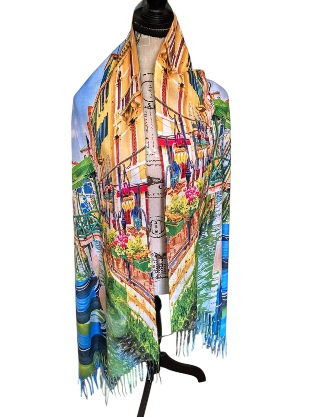 Reversible Venice Italy Scenic Fringe Oversized Scarf NWT Raw Hem 24x72 Art Wear