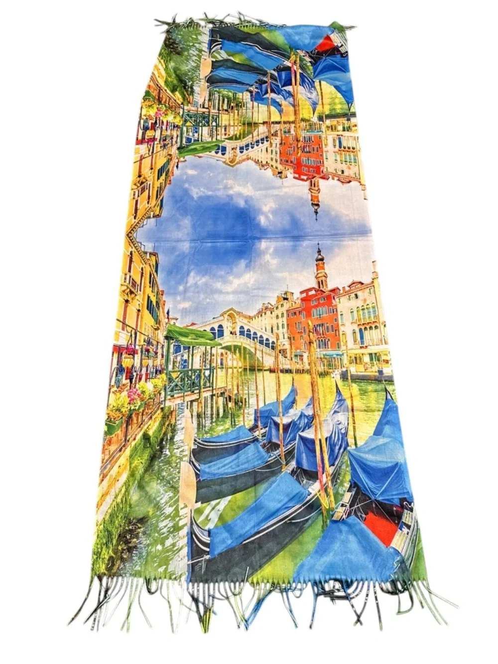 Reversible Venice Italy Scenic Fringe Oversized Scarf NWT Raw Hem 24x72 Art Wear
