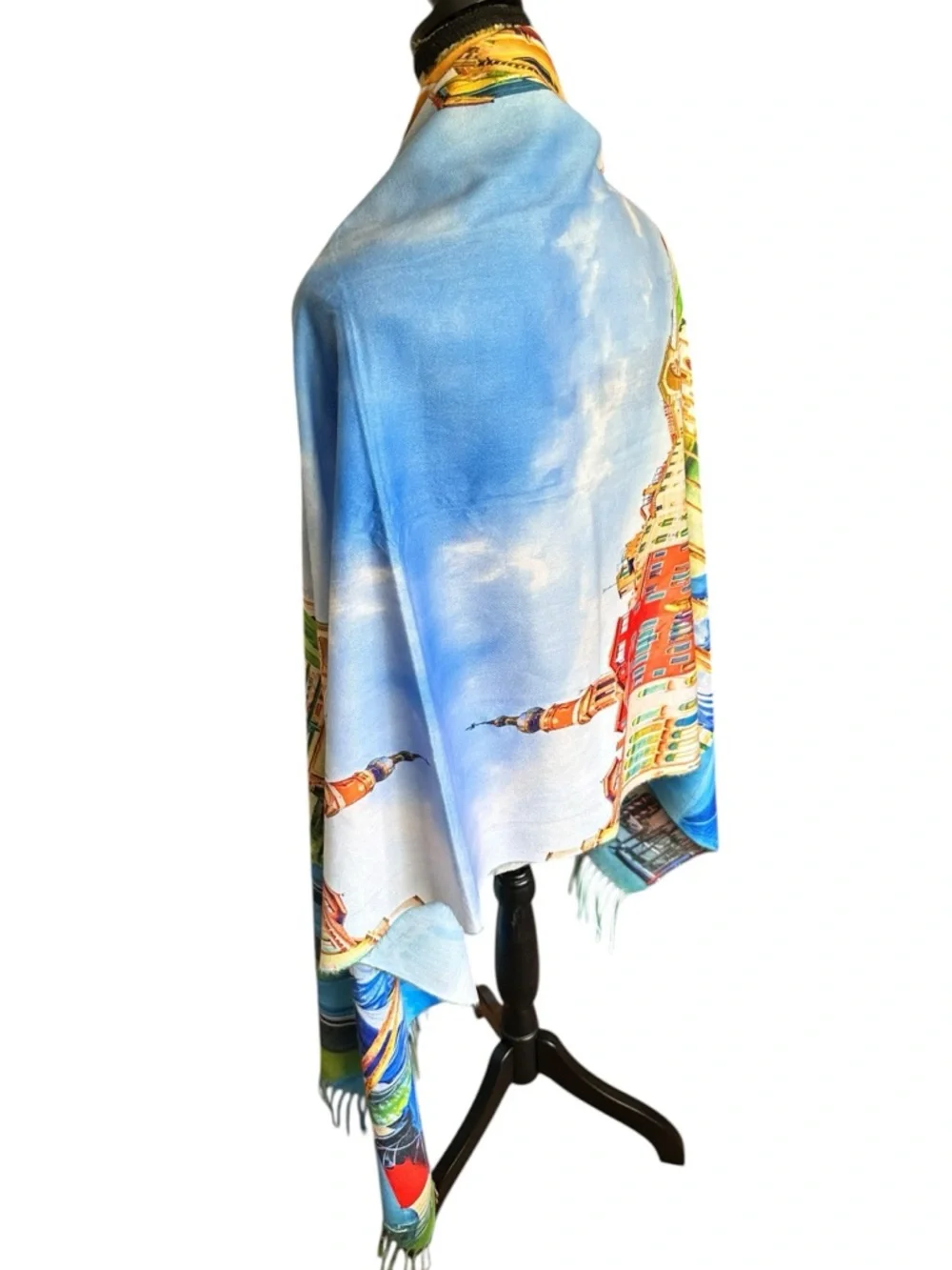 Reversible Venice Italy Scenic Fringe Oversized Scarf NWT Raw Hem 24x72 Art Wear