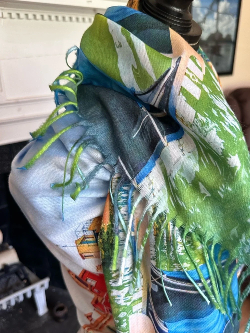 Reversible Venice Italy Scenic Fringe Oversized Scarf NWT Raw Hem 24x72 Art Wear