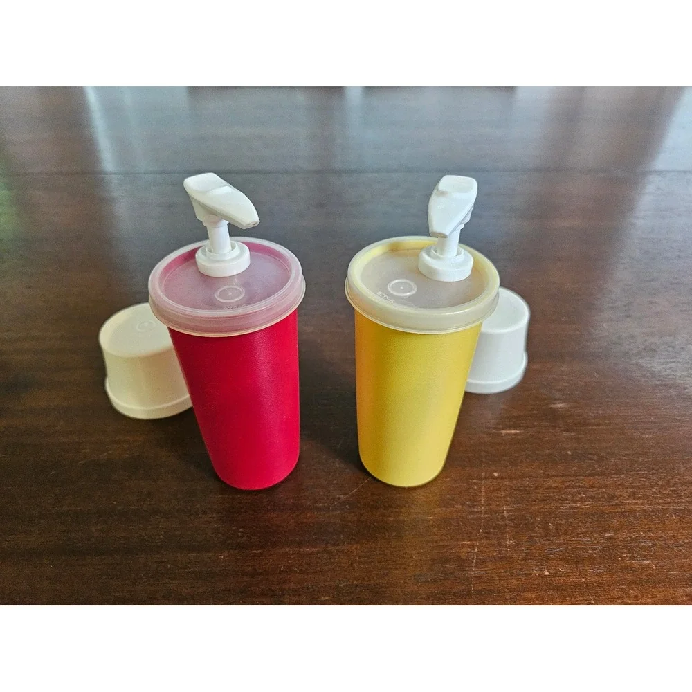 Tupperware Pump Dispensers Kitchen Set Red Yellow Vintage Tabletop Condiment S2