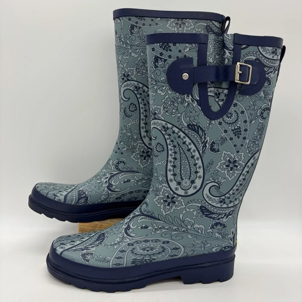 Western Chief Womens 8 Rubber Rain Boots Mid Calf Paisley Plains Navy Blue